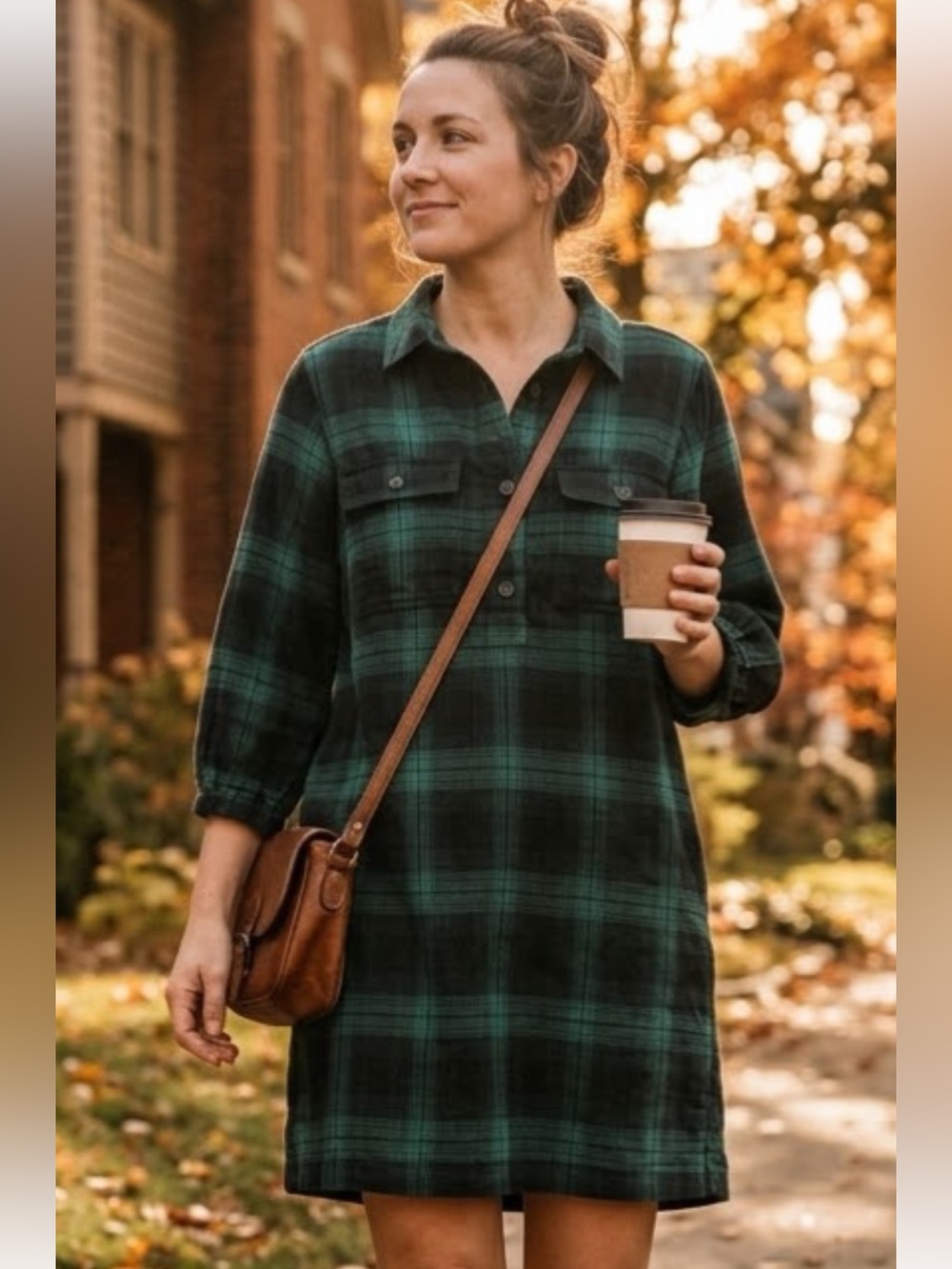 Gap Green Black Plaid Flannel Shirtdress Tunic XL Tall Balloon Sleeve